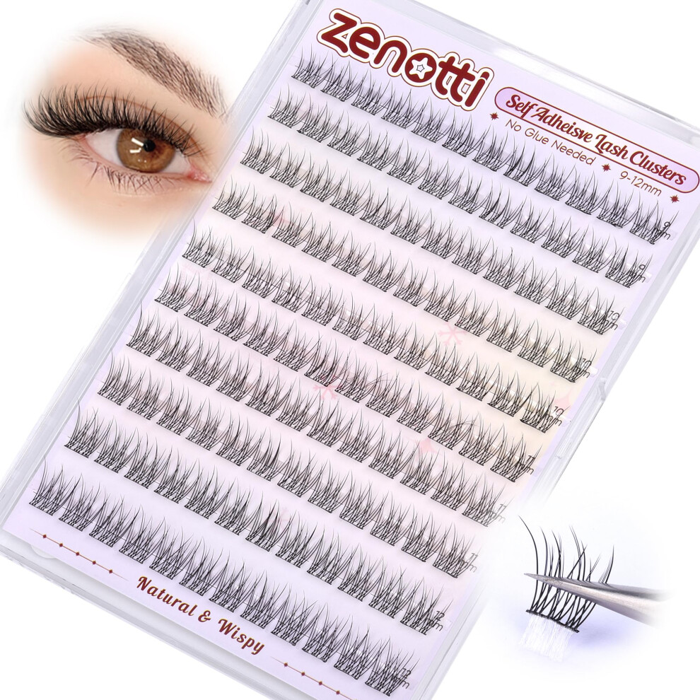 Zenotti Natural Self Adhesive Lash Clusters No Glue Eyelash Clusers Self Adhesive Eyelashes Pre-Glued Lashes Cluster Reusable C-Curly Wispy Individual Lashes
