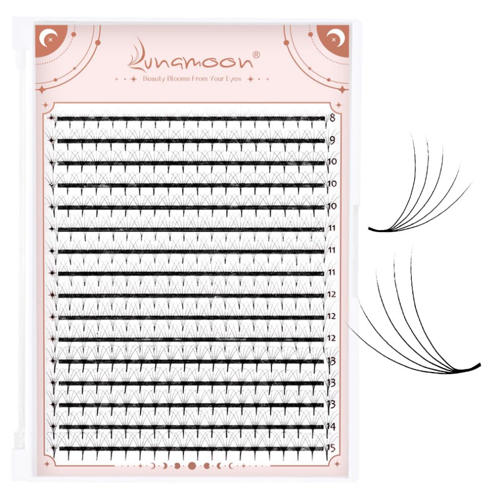 Lunamoon 320Pcs Premade Fans Lashes Eyelash Extension Volume Lashes Prefabricated Fan Eyelashes (5D-0.07-C, 8-15Mm)