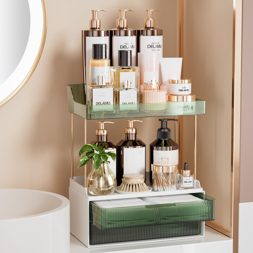 Delamu 2 Tier 2 Drawer Makeup Organiser Storage, Multi-Purpose Bathroom Organiser Countertop, Large Skincare Organisers, Exquisite Vanity Organiser