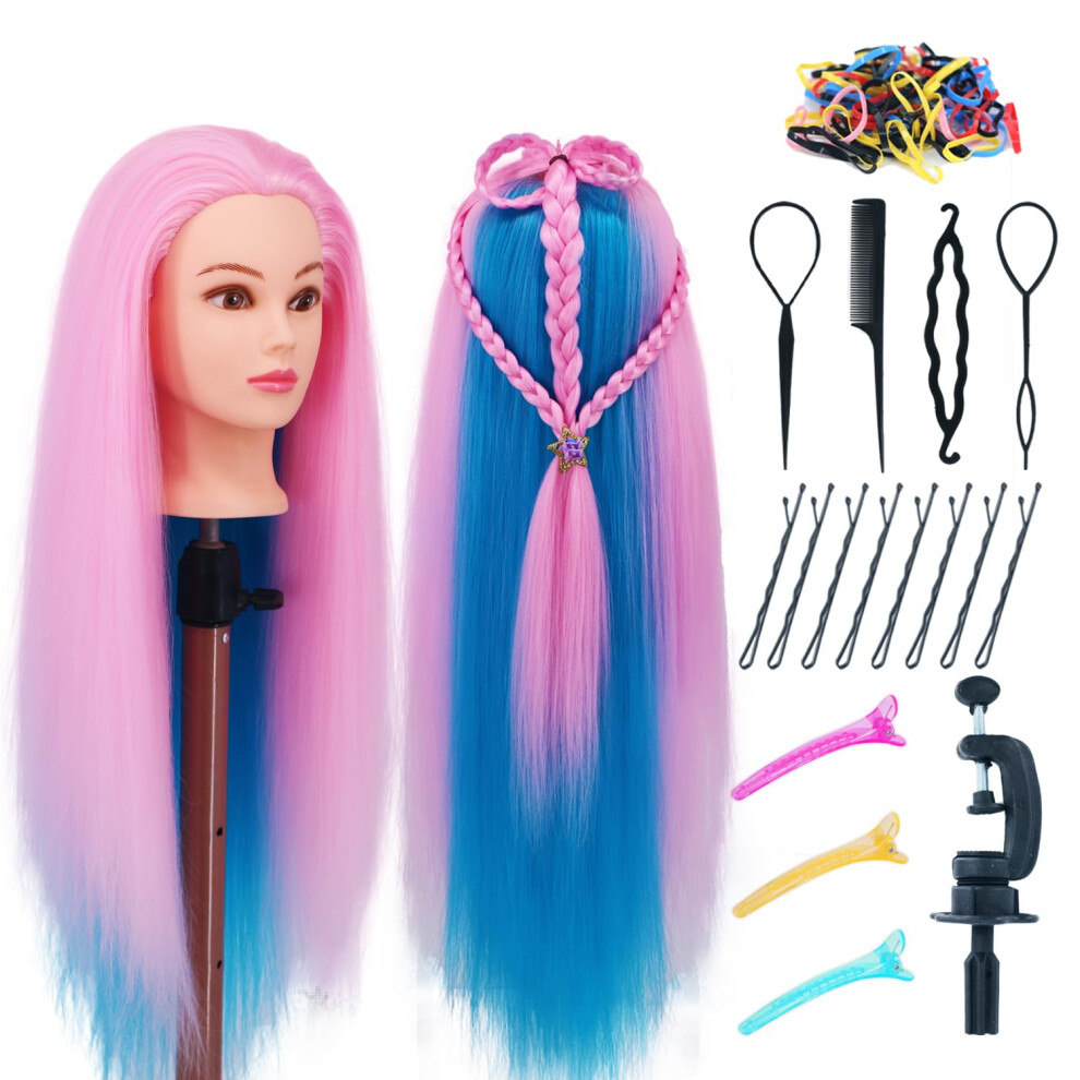 Eumos Pink/Blue Training Head, 29 Inch Hairdressing Head 100% Synthetic Fiber Cosmetology Mannequin Dolls Head With Free Clamp For Braiding Stying( Blue)