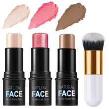 3 Pack Contour Highlighter Blush Sticks with Brush, Cream Bronzer Contour Stick Kit for Cheeks Eyes Lips