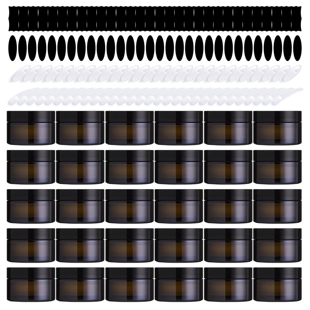 Yauhar Amber/Black 120Pcs 50G Glass Jars Assortment Kit With Inner Liners And Lids, Spoons And Blank Labels For Storing Lip And Body Scrub, Lotion
