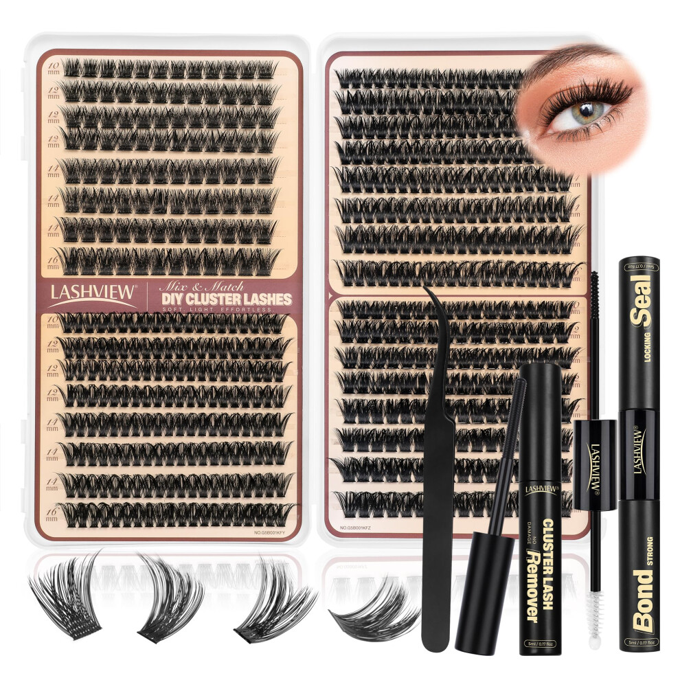 Lashview Cluster Lashes Kit Lash Clusters With Glue And Remover And Lash Tweezer, Volume Clusters Lashes Book Kit D Curl Eyelash Extensions For Diy