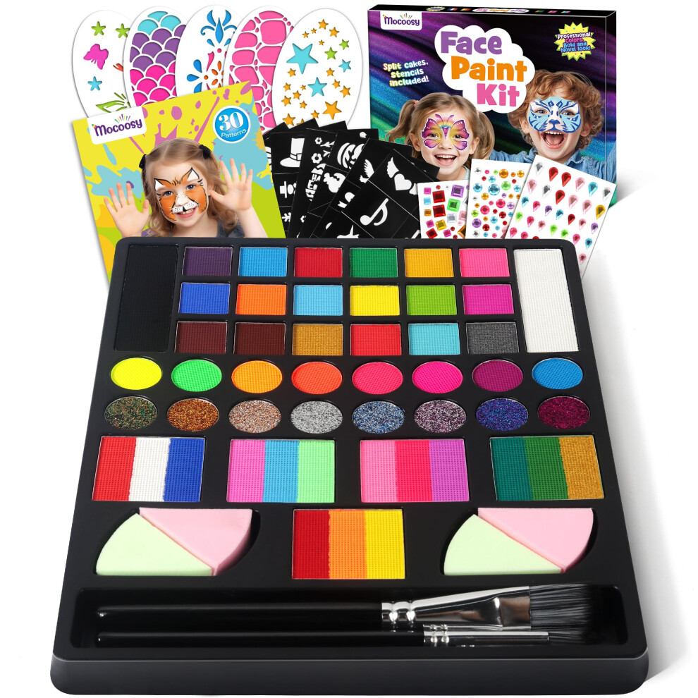 Mocoosy 41 Color Face Paint, Non Toxic Face Painting Kit Palette With Stencils, Brushes, Gem