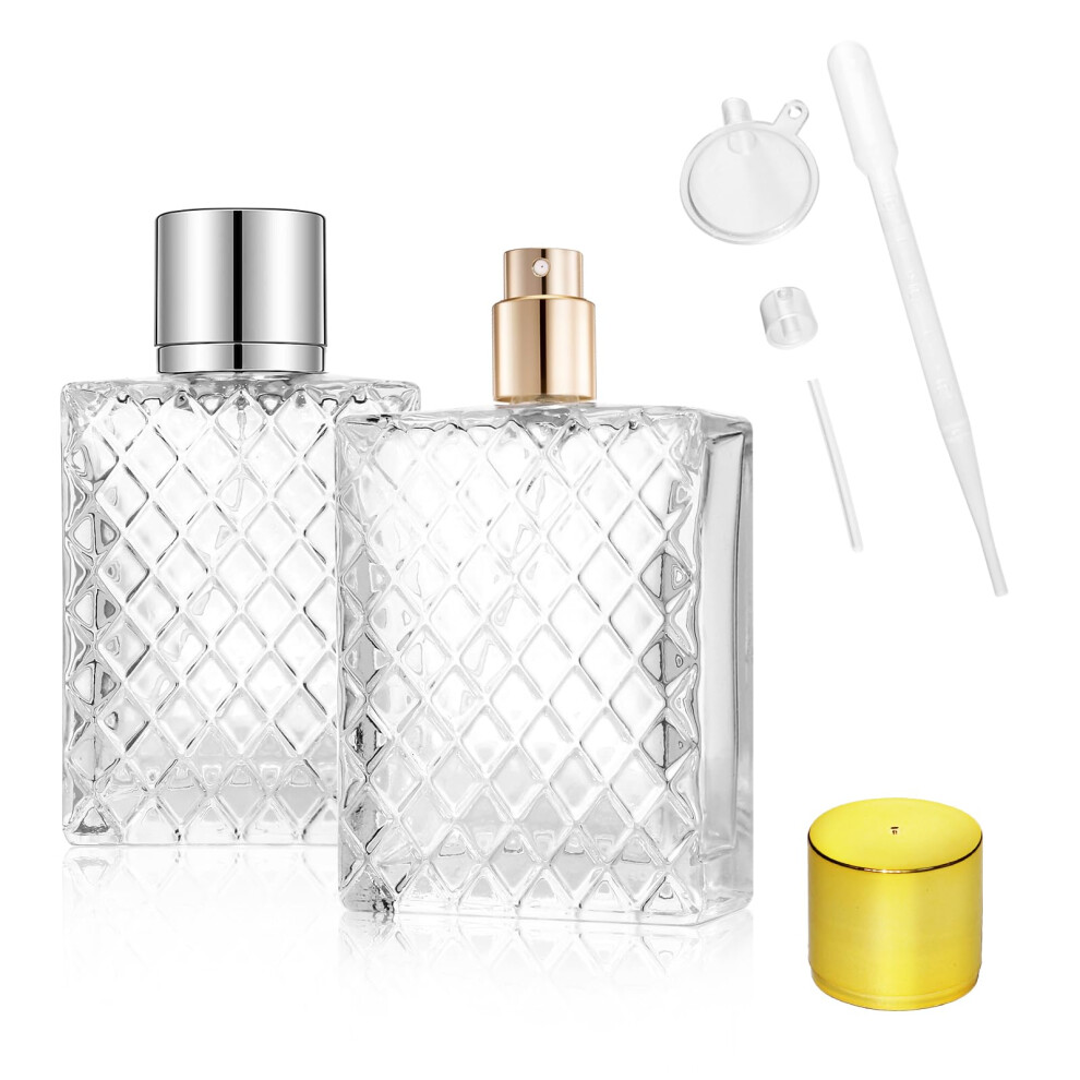 Luboxin 2 Pcs 100Ml Perfume Atomisers Refillable, Clear Glass Perfume Spray Bottle Square Grids Empty Perfume Bottles Portable Travel Perfume