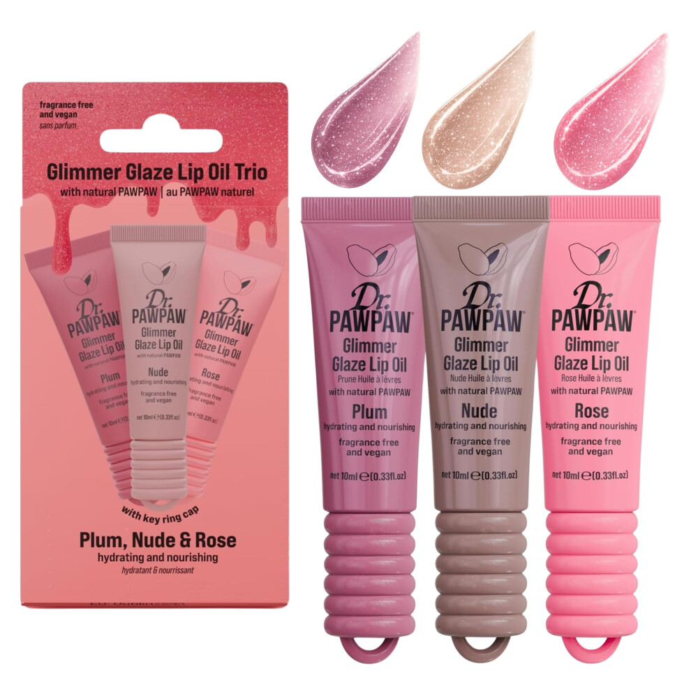 Dr. Pawpaw Original Balm Dr.pawpaw Glimmer Glaze Trio Lip Oil Set 3 X 10Ml, Rose, Plum And Nude Lip Oils, Hydrating Glossy Lip Oils With Sheer Tint And Subtle Shimmer For