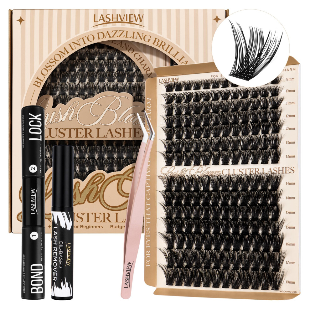 Lashview Cluster Lashes Kit, 9-18/D Curl Lashes Individual Cluster Kit, Fluffy Eyelash Extension Kit With Lash Bond & Seal
