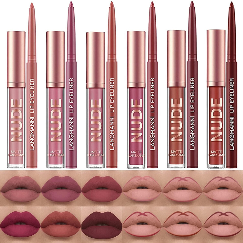 Langmanni 6 Matte Lipstick With 6 Lipliners Durable Lip Gloss,Long-Lasting&Waterproof Non-Stick Cup High Pigmented Velvet Lipgloss Kit,Beauty