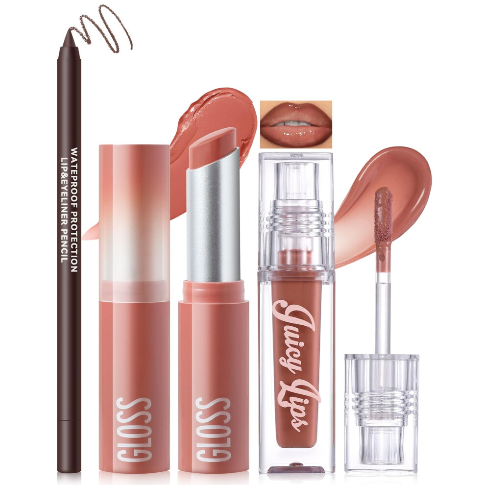 Noerrors Brown 3Pcs Matte Liquid Lipstick Lip Balm & Lipliner Kit, Hydrating Tinted Lipstick