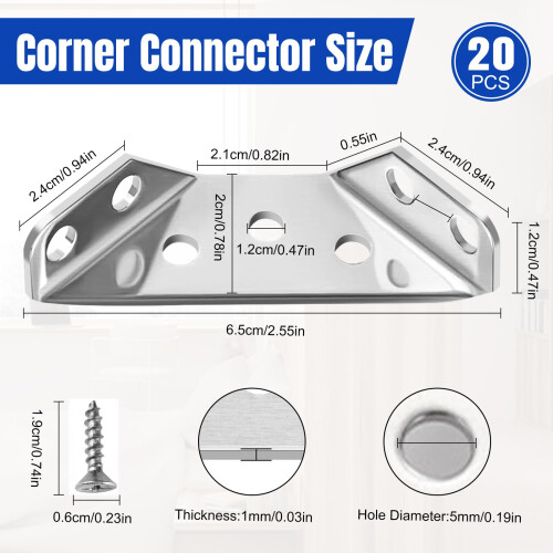 20 Pcs Stainless Steel Corner Connector,Corner Brackets for Wood,Triangle Angle Brackets 1