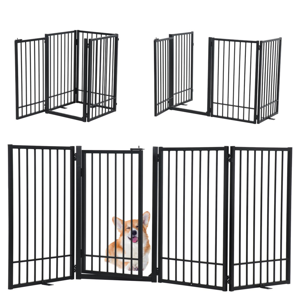 Smonter Freestanding Dog Gate With Door Walk Through, 204Cm Extra Wide Indoor Dog Fence, 80Cm Height 4 Panels Foldable Metal Pet Puppy Gate For Stair