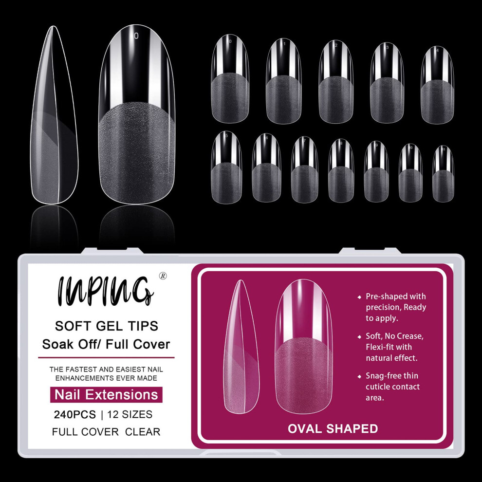 Inping Gel Nail Tips, 240Pcs Oval Pre-Shaped Half Full Cover Nail Tips Clear Soft Utral-Thin Break Resistant Transparent False Nail Extensions For