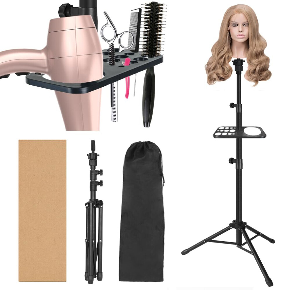 Alileader Black 50 Inch Metal Wig Stand Tripod, Adjustable Wig Mannequin Head Stand With Tool Tray For Cosmetology Hairdressing