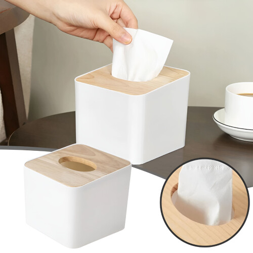 Square Tissue Box Cover with Bamboo Lid – White