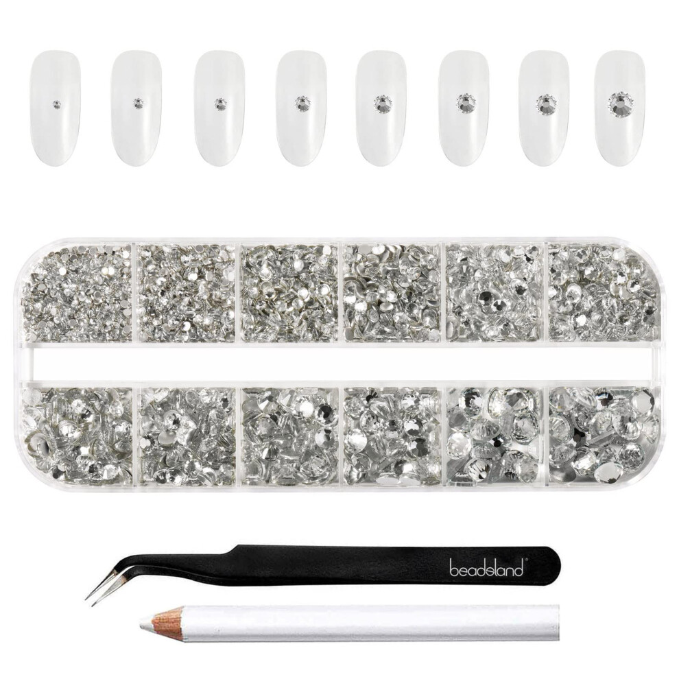 Beadsland 2500Pcs Clear Rhinestones,Flatback Gems Round Crystal Rhinestones For Nail Crafts Mixed 8 Sizes Ss4~Ss30 With Picking Tweezer And Pen