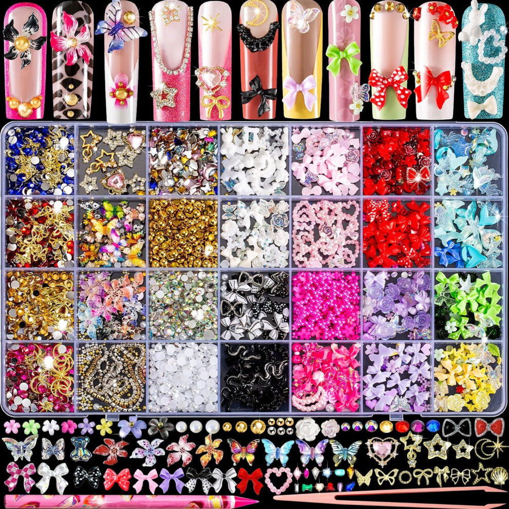 Velvetglow 3D Nail Charms And Nail Gems, Cute Nail Rhinestones And Charms Y2k For Nails Nesign,Variety Butterfly Bow Moon Star Flower Junk Case