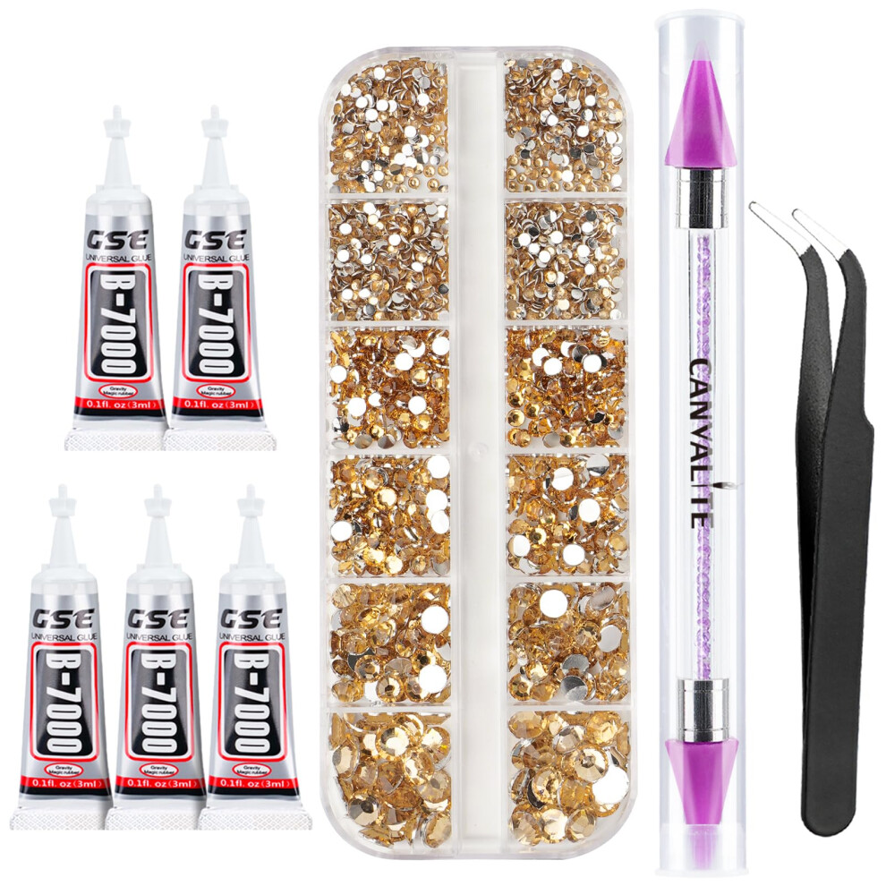 Canvalite Gold 2784Pcs Rhinestones With 5Pcs 3Ml B7000 Rhinestone Glue, Nail Rhinestones Nail Art Gems With Jewelry Glues