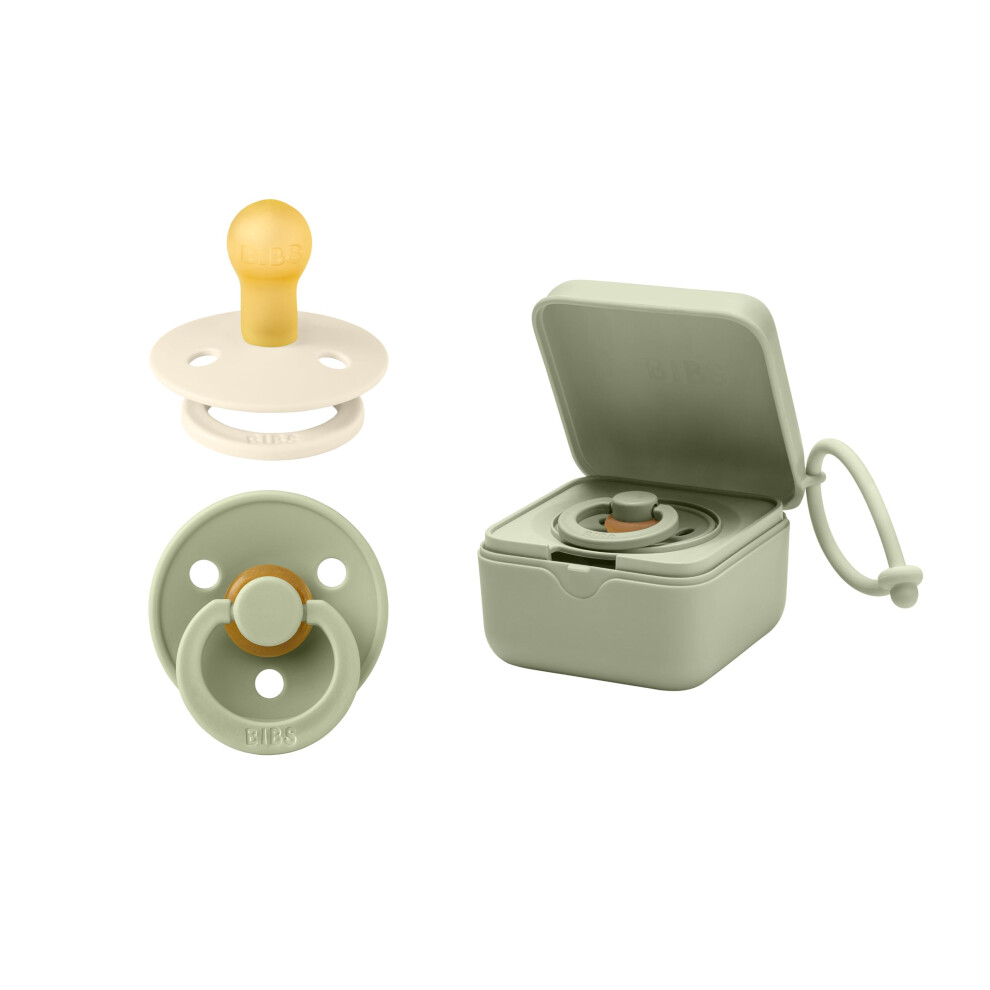 Pacifier Box Bundle - Colourful Pacifiers, Round Natural Rubber Nipple And Sterilizer Box - Complete Set For Happy Babies - Size 1 (0-6 Months) Bibs