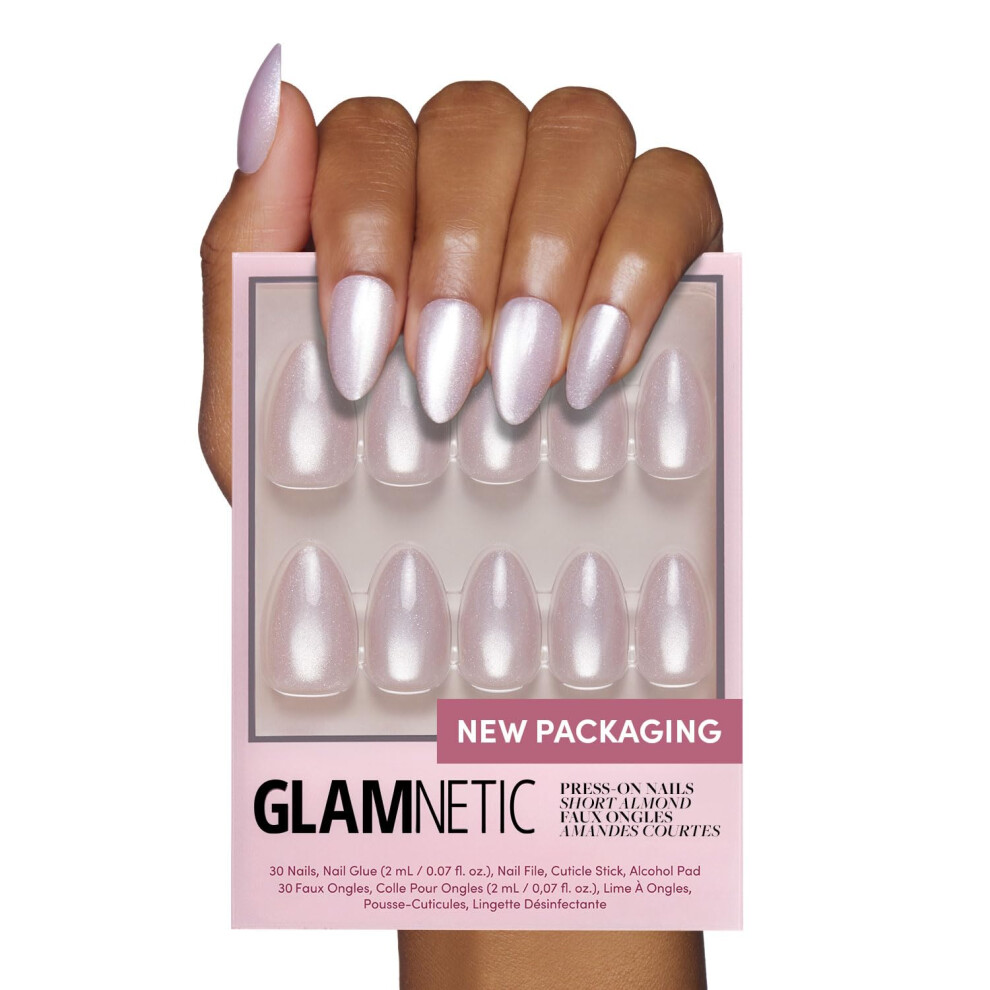 Glamnetic White Press On Nails - Selenite | Soft Sparkle Short Almond Fake Nails With A Glossy Finish, Reusable | 15 Sizes - 30 Nail Kit With Glue