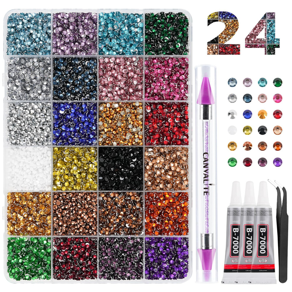 Canvalite Resin Bedazzling Kit Rhinestones For Crafting With 3Pcs B7000 Jewelry Glue, 24 Colors Silverback Bulk 3Mm Ss20 Flatback Bedazzle Beads