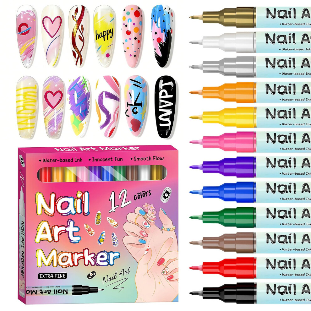 Autoau 12 Colors Nail Art Pens Set, Nail Art Markers For 3D Nail Art, Nail Art Pens For Painting Nails Art Marker Drawing Painting Liner