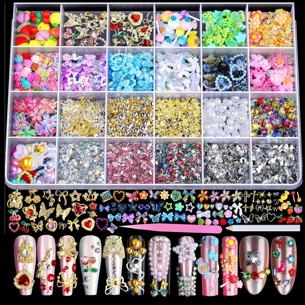 Tastetreasure 4000+ Pcs 3D Nail Charms And Gems Kit, Xxl Nail Art Decorations Rhinestones Pearls & Acrylic/Resin Kawaii Designs