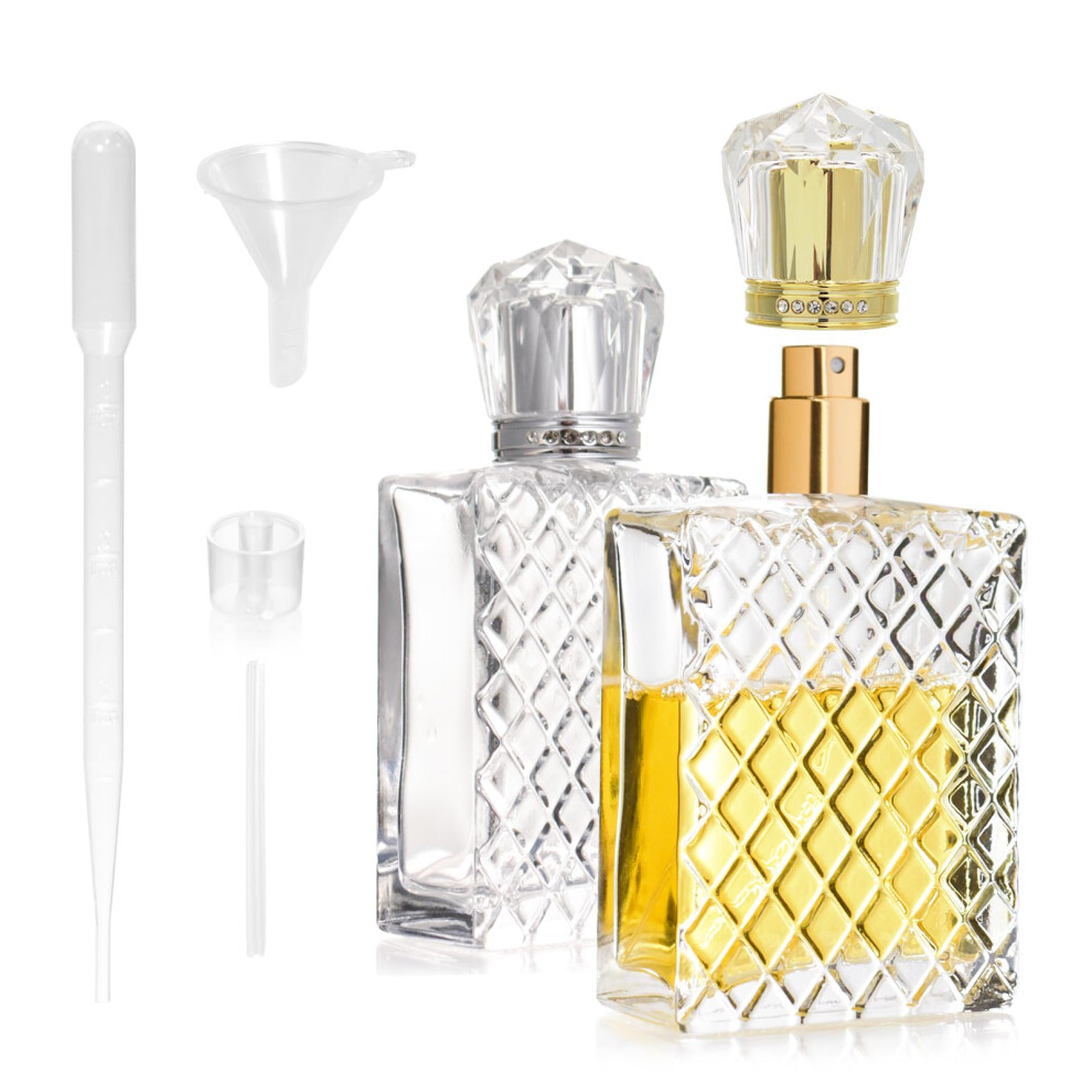 Luboxin 2 Pcs 100Ml Perfume Atomisers Refillable, Crown Glass Perfume Spray Bottle Square Grids Empty Perfume Bottles Portable Travel Perfume