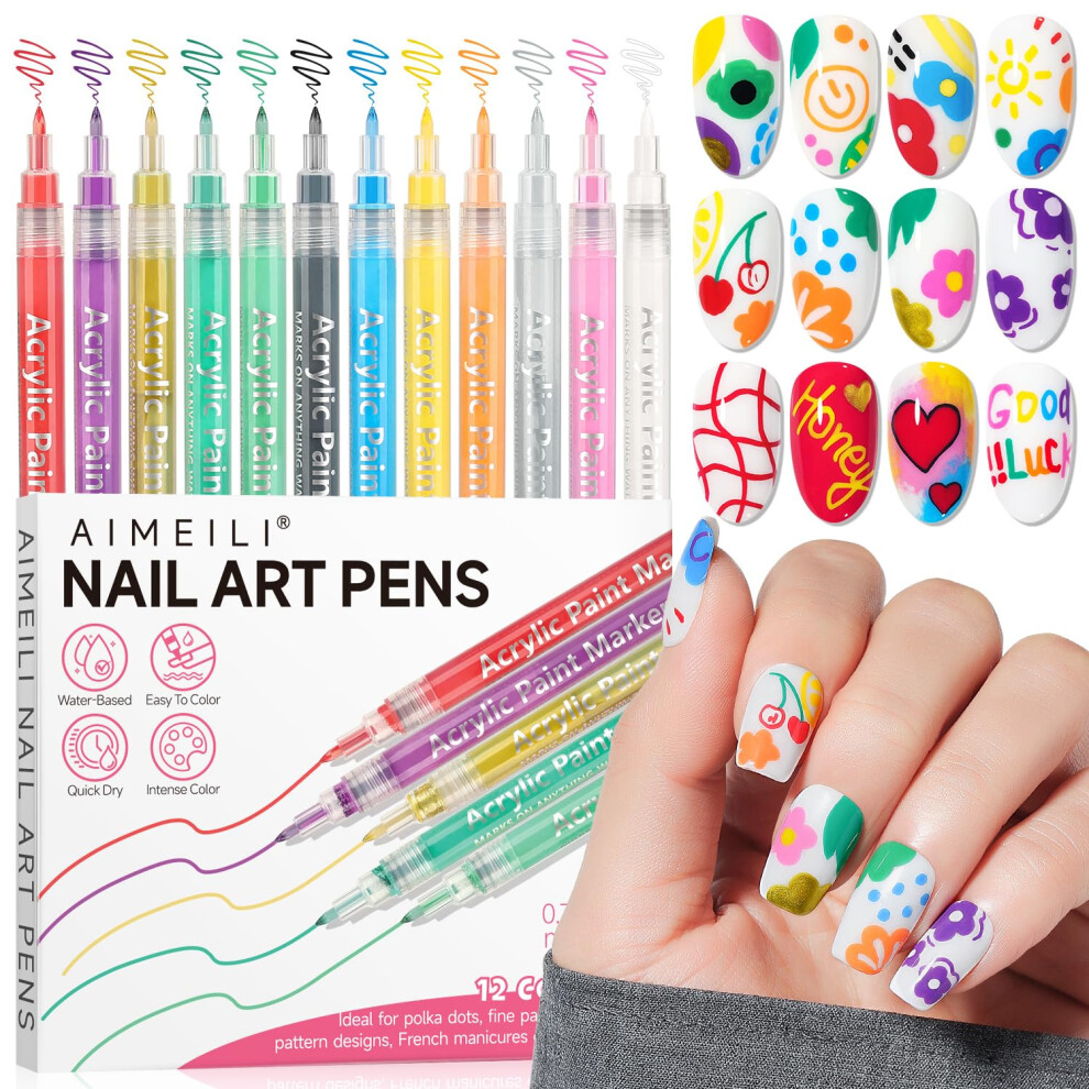 Aimeili 12 Colors Nail Art Pens Set, Nail Art Markers For Gel Nails, Diy Quick Dry Graffiti Dotting Point Liner Pens With Ultra Fine 0.5Mm Tip For
