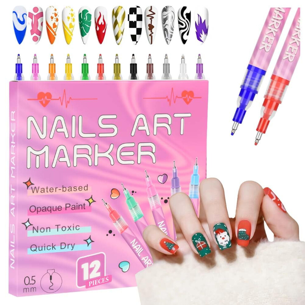Lophe 12 Colors 3D Nail Art Pens, 0.5Mm Fine Tip Markers For Diy Nail Design, Quick-Dry Waterproof Formula For Drawing & Dotting