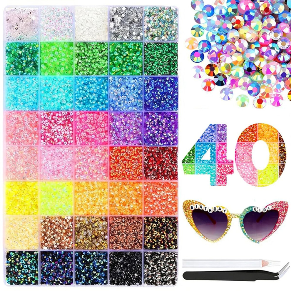 Gevecori 32000Pcs Nail Art Rhinestones Bedazzling Kit, 40 Colors 3Mm Flat Back Nail Gems Crystals Bedazzle Kit With Pick Up Tweezers And Pen For Diy Art