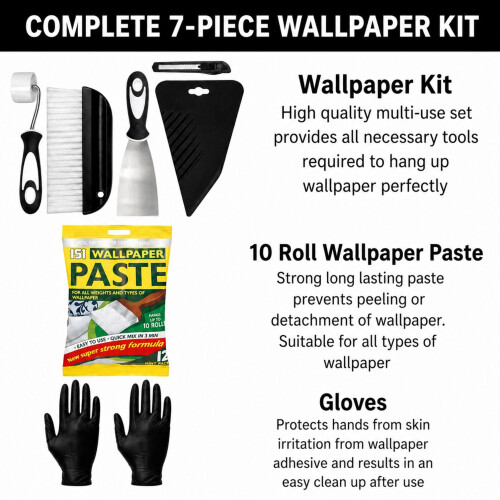 Wallpaper Paste Kit - Includes 10 Roll Adhesive Paste and Wallpaper Kit Containing Smoother, Roller, Hanging Brush, Scraper, Trimmer and Gloves 1