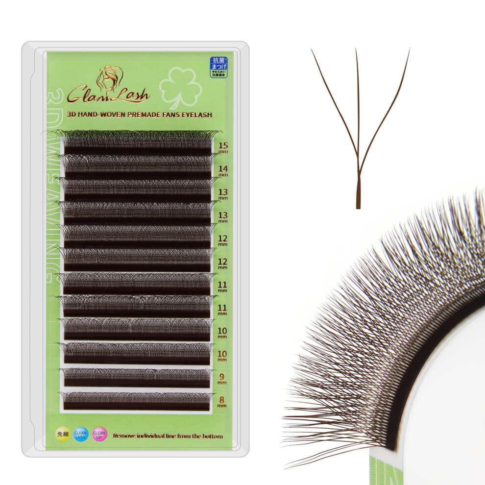 Glamlash Brown 3D W Lash 0.07D Curl 8-15Mm Mix Premade Fans Eyelash Extensions Professional Salon Use(3D,0.07D,8-15Mm,)