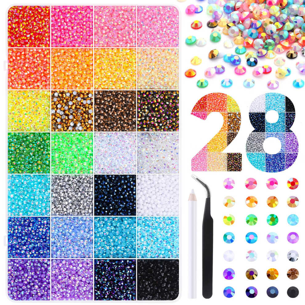 Jolceey 34000Pcs Nail Art Rhinestones, 28 Colors 3Mm Flat Back Nail Gems Crystals Nail Rhinestones Bedazzling Kit With Pick Up Tweezers And Pen For