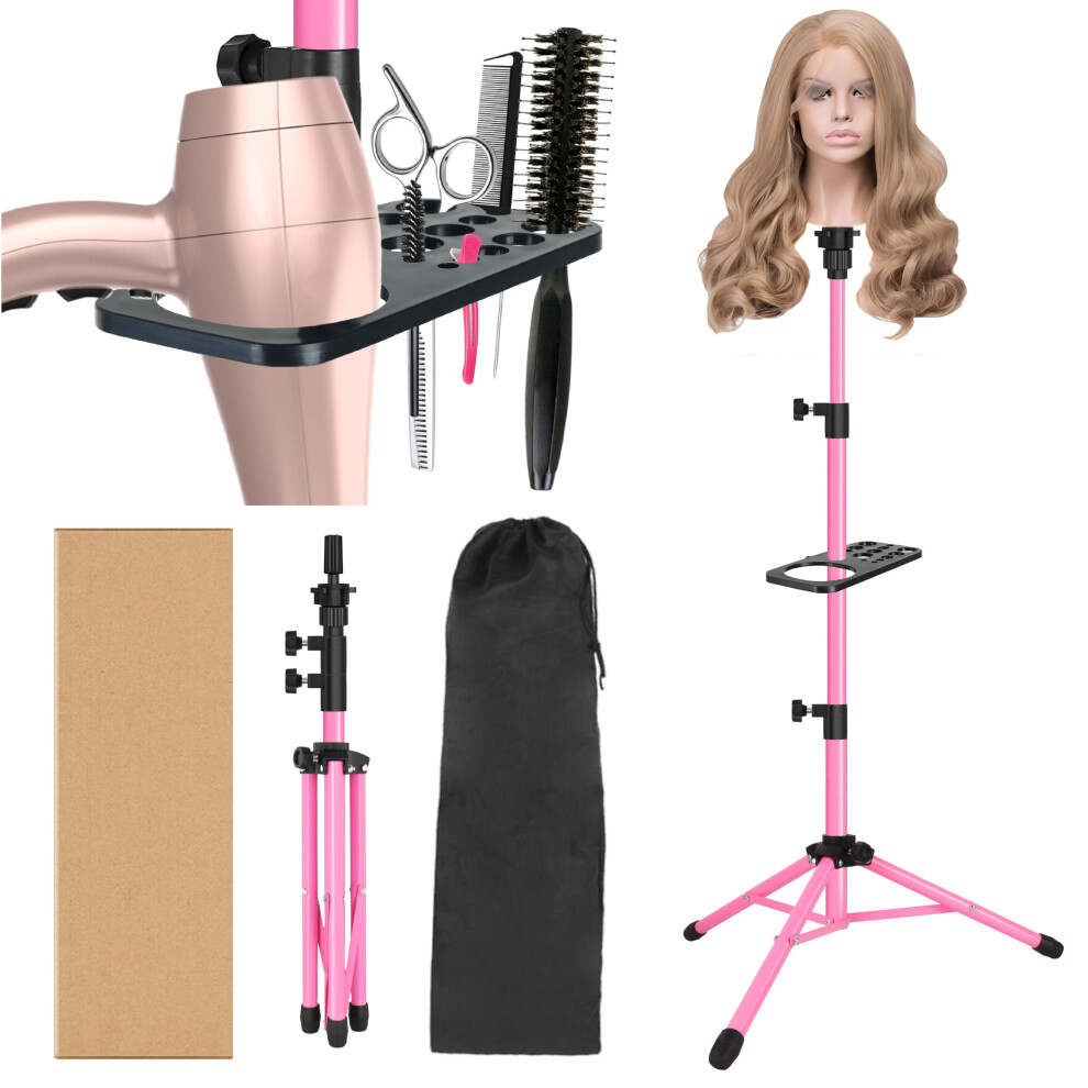 Alileader Pink 50 Inch Metal Wig Stand Tripod, Adjustable Wig Mannequin Head Stand With Tool Tray For Cosmetology Hairdressing