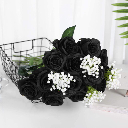 Rose artificiali nere, con stelo lungo in seta, 12 pezzi 1