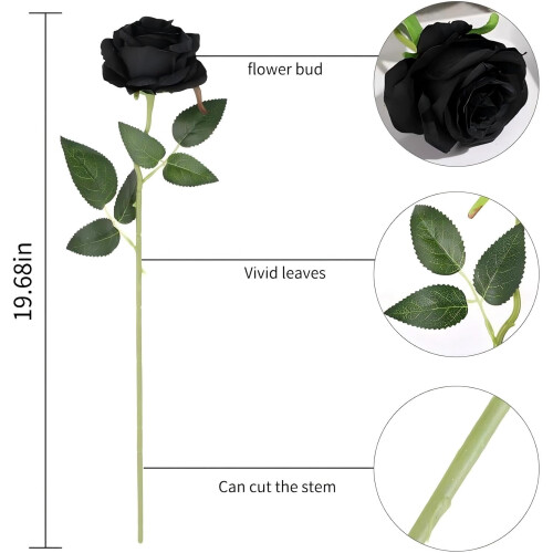Rose artificiali nere, con stelo lungo in seta, 12 pezzi 2