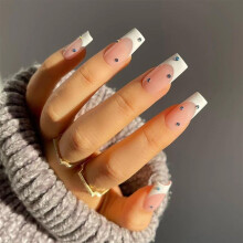 TMUT 24pcs Medium Coffin False Nails French White Tip Stick on Nails Square Press on Nails Rhinestones Glue-on Nails Removable Fake Nails Women Girls