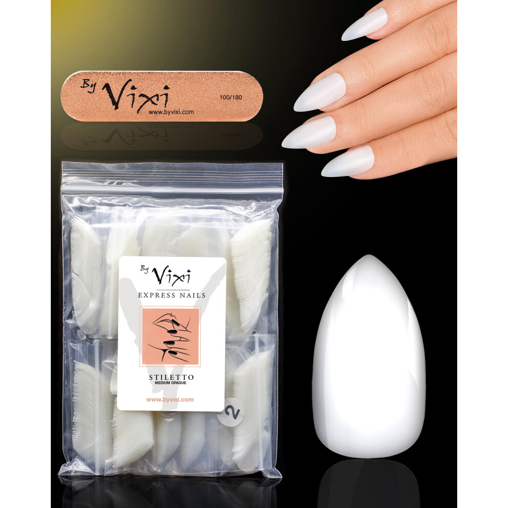By Vixi 600 Medium Stiletto Press On Nails Set With Prep File Â Natural Full Cover False Nails, Stick On Fake Nail Tips, 10 Sizes