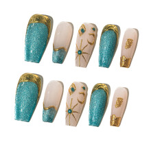 Sun&Beam Nails Handmade Press-On Medium Long Coffin Ballerina with Pink Blue Gold Color 3D Design Charm Cat Eye Cute False Nail Tips 10 Pcs (#82 M)