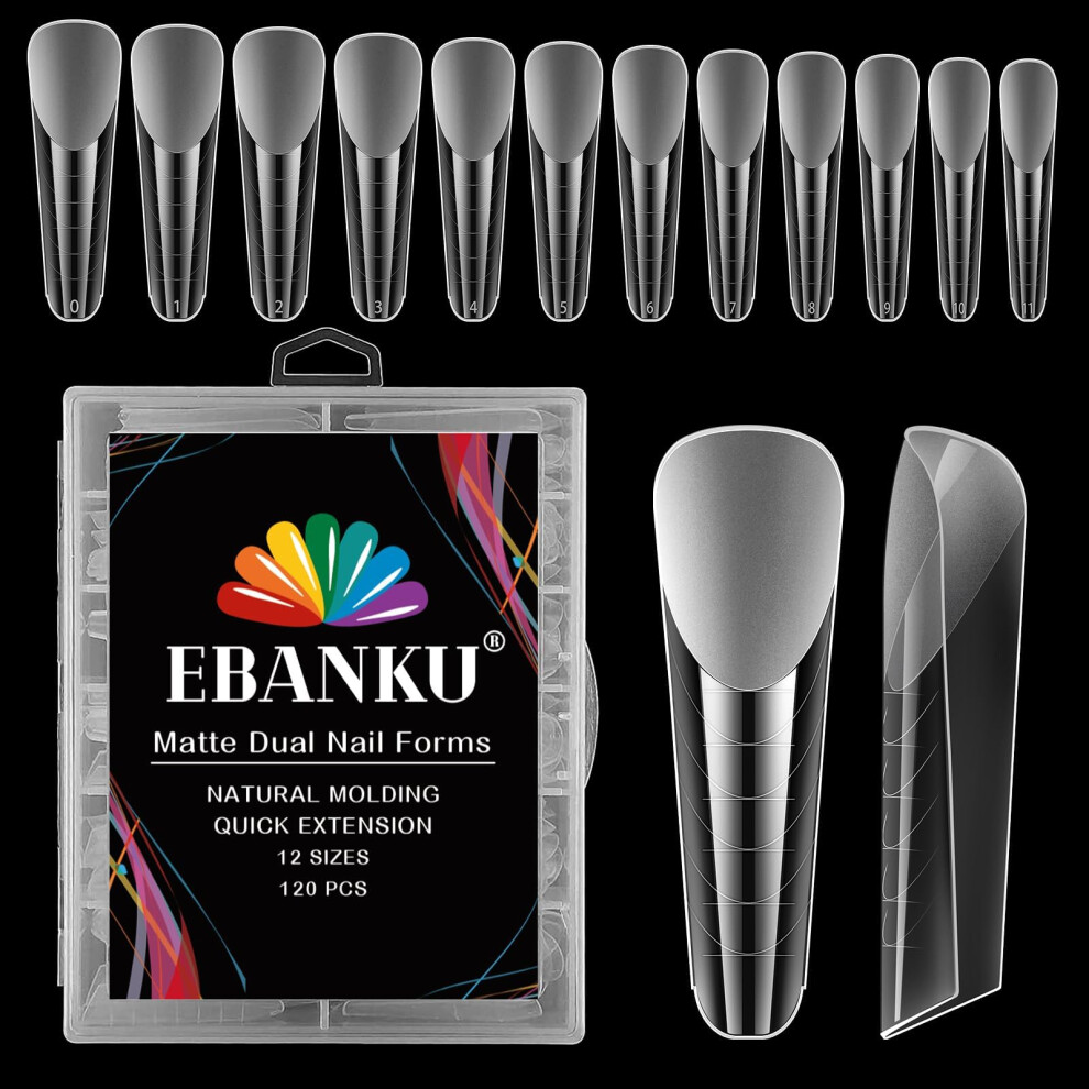 Ebanku 120 Pcs Clear Matte Dual Nail Forms System Coffin Nail Mold Tips Acrylic Stiletto Nail Extension Tools For Nail Art Salon Nails Design
