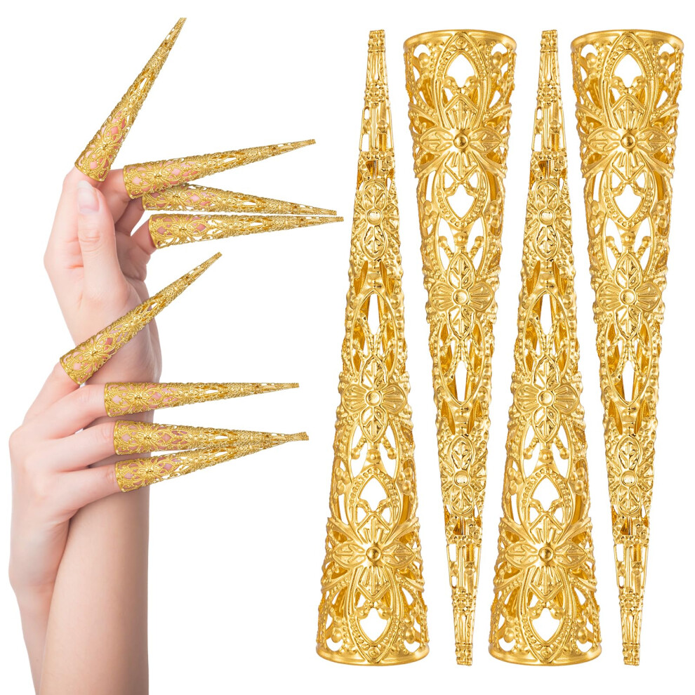 Jsrqt Gold Finger Nail Tip Claw Rings 10 Pack Metal Nail Rings Fingernail Claws Protection For Halloween Cosplay Drama Belly Dance Show Ancient Queen