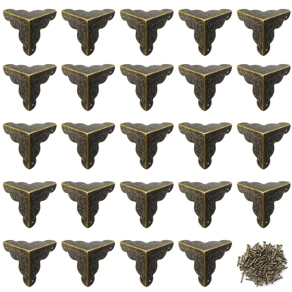 Hocadrv 24Pcs Baven 25Mm Vintage Box Corner Protectors Antique Bronze Metal Furniture Corner Protectors For Decorative Cabinet Jewelry Box With 96 Matching