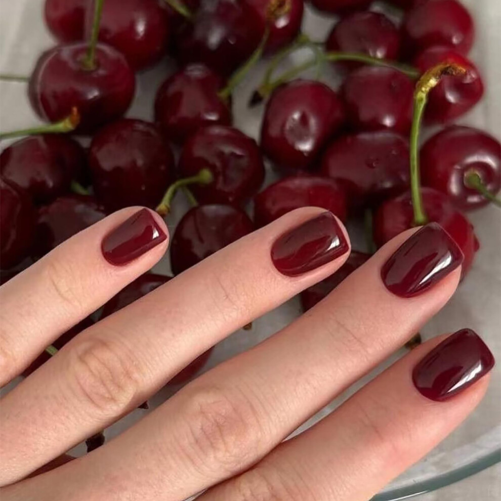 Nlfox 24Pcs Short False Nails - Red Square Press On Nails - Fake Nails With Glue - Stick On Nails In 12 Sizes