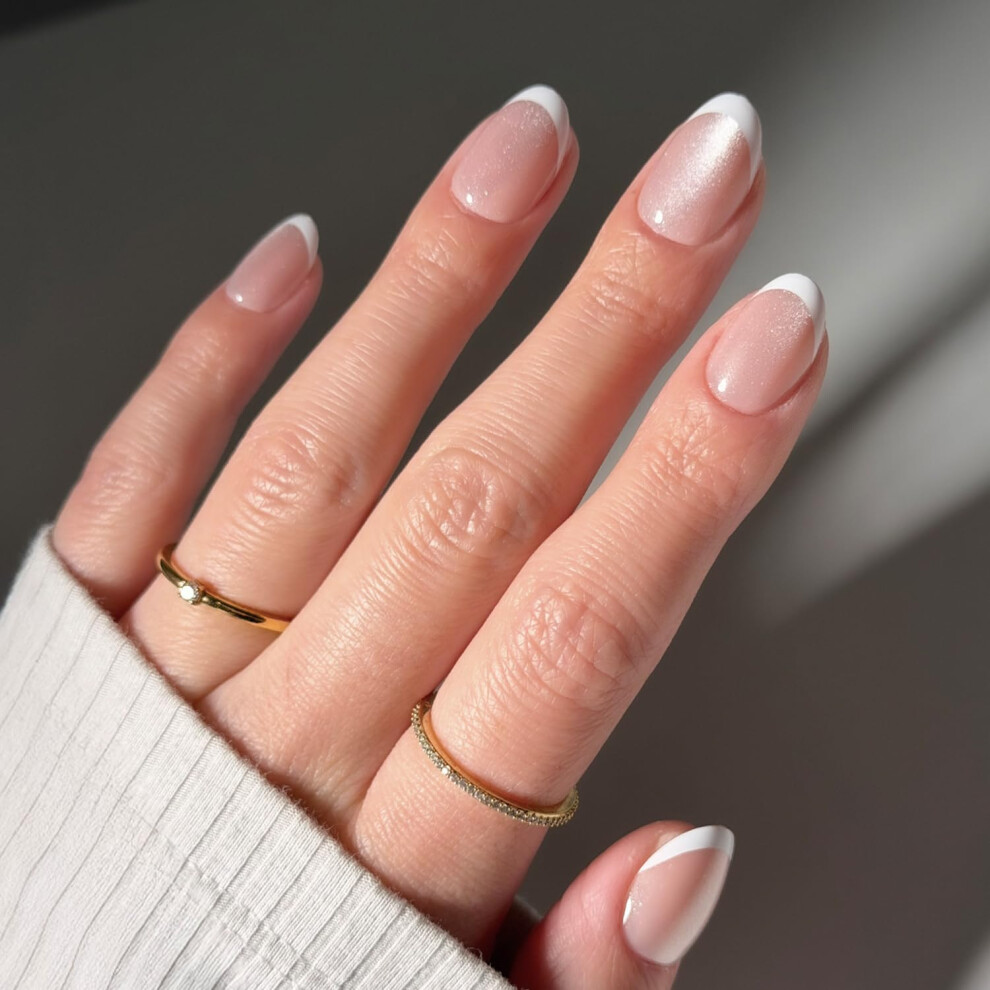Glamnetic Press On Nails - Angelic Touch Spring Nails | Short Oval Fake Nails In A Delicate Nude Base With White French Tips And A Velvet Finish