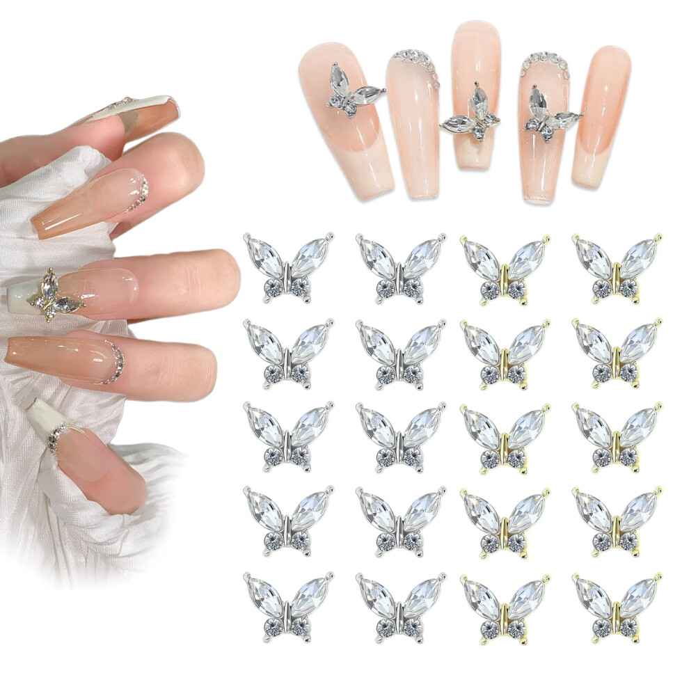 Otkarxus 3D Butterfly Nail Charms,20Pcs Gold Silver Metal Butterfly Nail Rhinestones Charms,Nail Gems Nail Accessories For Women Girls Nail Art Design