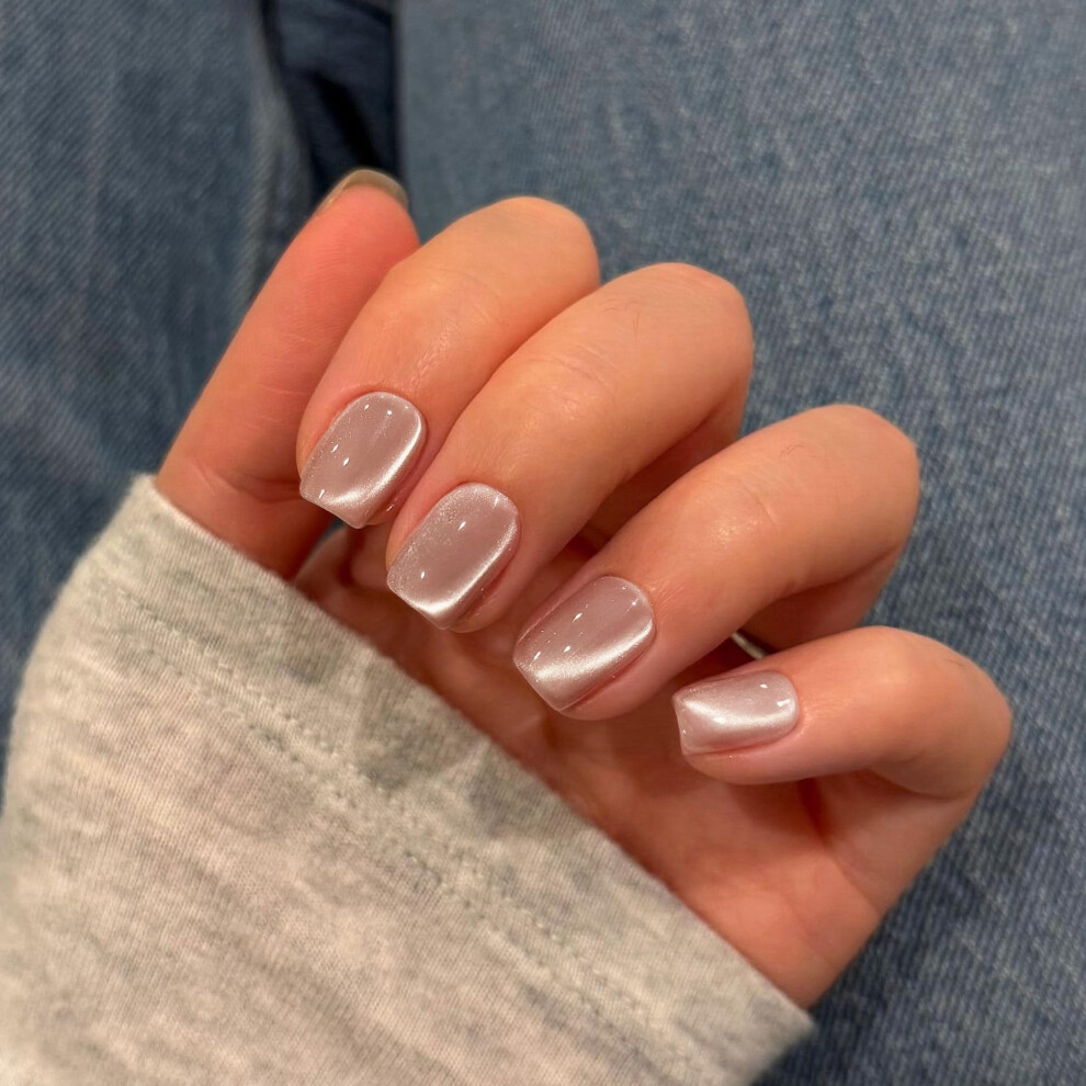 Kqueenest Cream Cat Eye Press On Nails Short Square, Glazed Glitter Nude False Nails Short Coffin