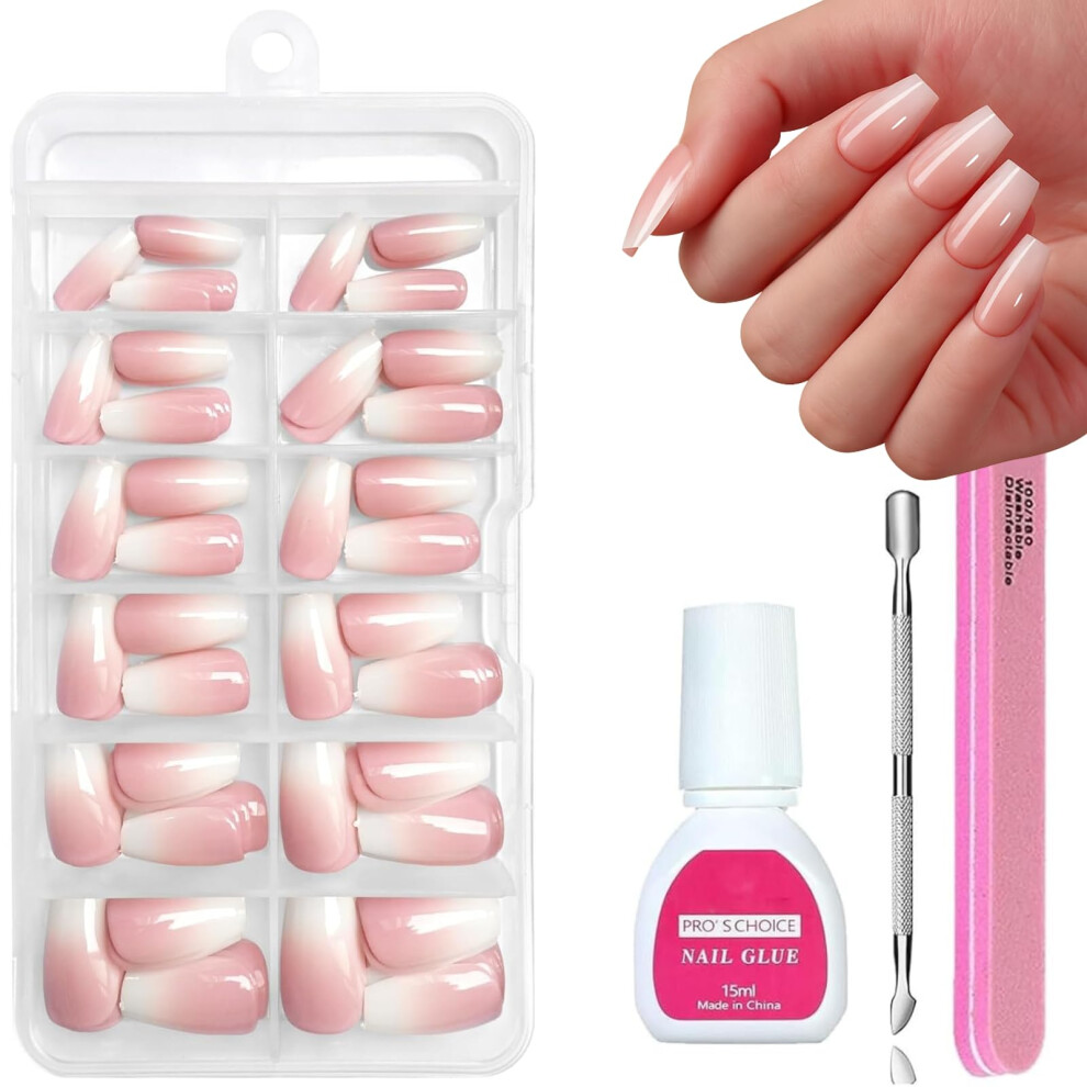 Huaian Pink False Nails Kit With Glue,120Pcs Natural Gradient Fake Nails,Coffin Press On Nails Set,Fake Nails Nude Color French False Nail Kit,Full Cover