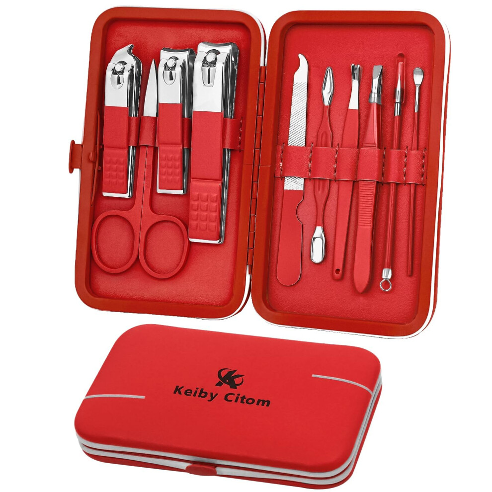 Keiby Citom Manicure Set 10Pcs Professional Nail Clippers Kit Pedicure Care Tools-Stainless Steel Grooming Tools For Travel (Red)
