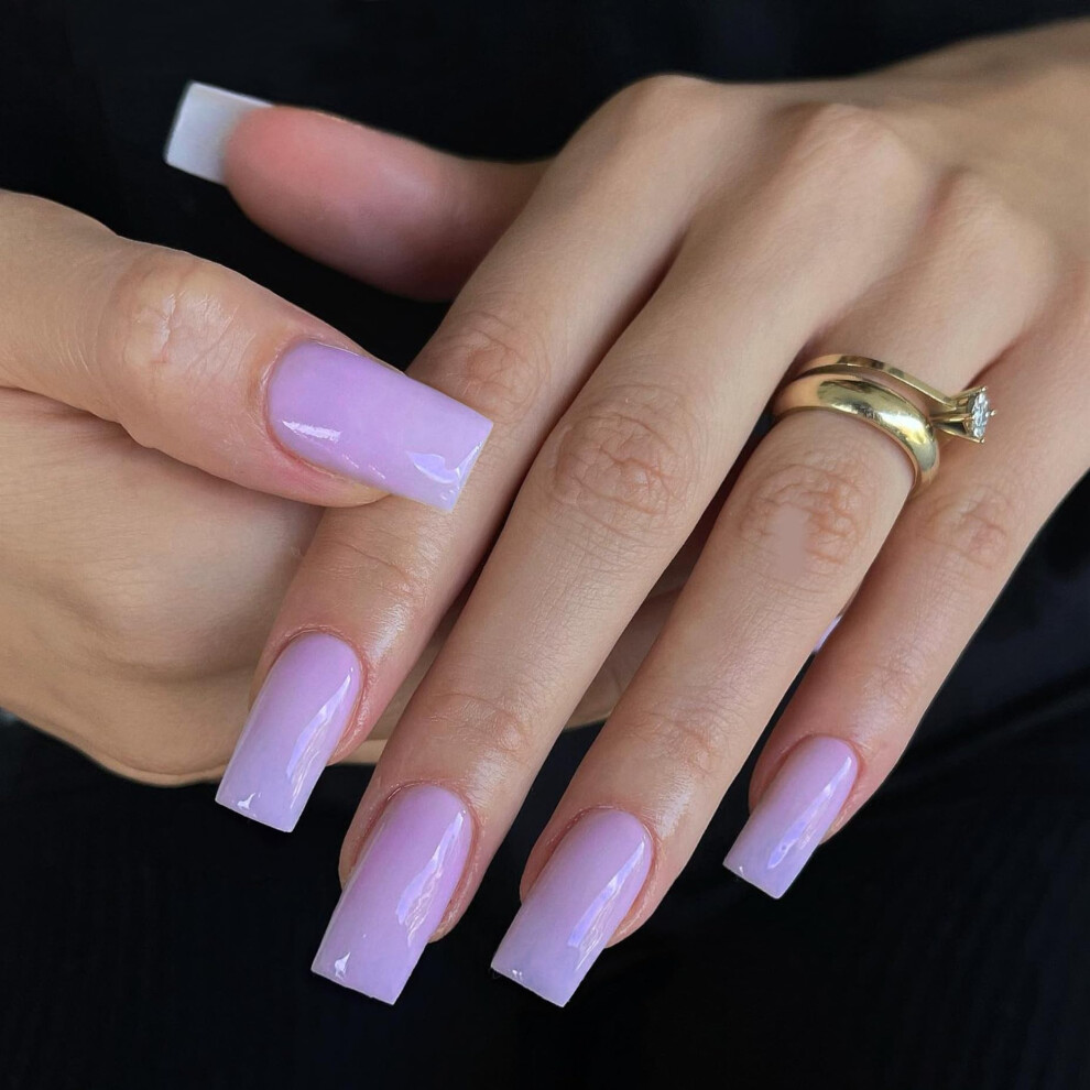 Sxvme Lilac Press On Nails Long Square, Pastel Purple False Nails Medium Coffin, Glossy Gel Fake Nails Press On