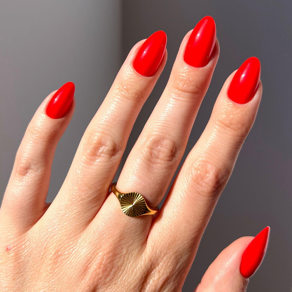 Glamnetic Red Press On Nails - Fiery | Opaque Bright Short Almond Fake Nails, Reusable | 15 Sizes - 30 Nail Kit